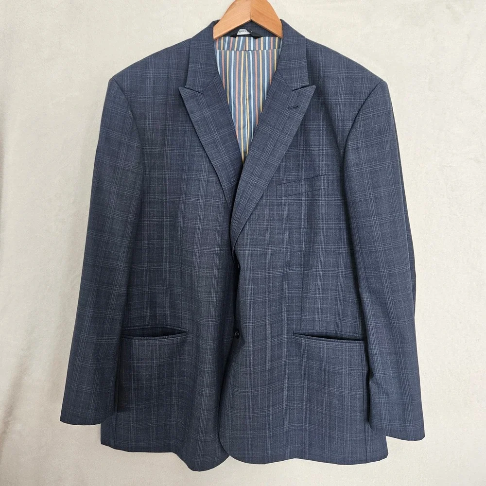 Coogi Luxe Mens 3 Piece Suit 52R Blue Glen Plaid Wool Blend Blazer Vest Pants